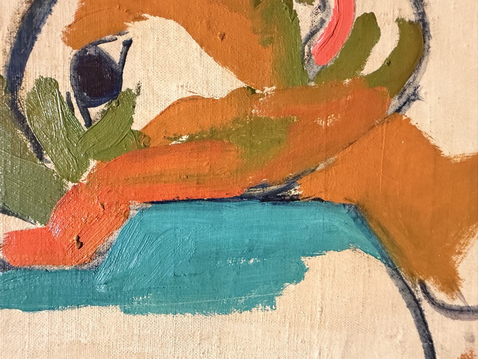 Exhibit A, twice. From across the room, a face. From two feet away, a committee of paint slabs that have never met.