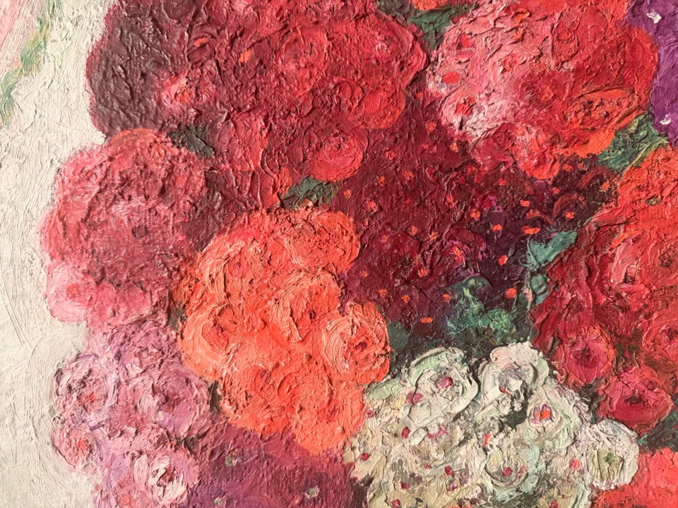Compression, made visible. Up close the paint is practically sculpture: decades of looking, squeezed into ridges of pigment.